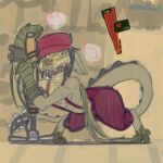 anthro bodily_fluids bottomwear clothing critical_health deadlock exhausted facial_piercing female flustered_face_emoji gargoyle ive ivy_(deadlock) leaning_on_object long_tail neon_dontlook no_shirt nose_piercing nose_ring pants piercing red_bottomwear red_clothing red_pants ring_piercing solo sweat sweatdrop tail valve wings