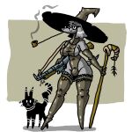 1:1 2025 4_fingers ammo_belt ammunition anthro armwear bent_arm black_body boots breasts bulge clothed clothing digital_drawing_(artwork) digital_media_(artwork) domestic_cat duo elbow_gloves eyebrow_through_hair eyebrows eyelashes eyewear familiar felid feline felis feral fingers footwear front_view full-length_portrait glasses glistening glistening_clothing gloves grey_body grey_hair gun gynomorph hair handwear hat headgear headwear hi_res holding_gun holding_object holding_ranged_weapon holding_staff holding_weapon intersex legwear leotard magic_user mammal medium_hair multicolored_body neckwear portrait pupils ranged_weapon rifle_sling shadow shoes short_tail side_boob simple_background skimpy smoke smoking_pipe staff standing steamfalish_witch tail tan_background thigh_boots thigh_highs translucent translucent_hair two_tone_body weapon wearing_glasses white_background white_eyes wide_stance witch witch_hat zhmernalt