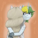 1:1 2026 absurd_res adobe_photoshop_(artwork) artist_logo bent_leg blonde_eyebrows blonde_mane blue_body blue_fur blue_horn closed_smile colored comforting digital_drawing_(artwork) digital_media_(artwork) duo english_description equid equine eyebrows facial_scar fan_character feathered_wings feathering feathers female female_(lore) female_feral feral fur green_mane grey_body grey_fur grey_hooves grey_wings hasbro hi_res hooves horn hug hugging_another lidded_eyes light lighting logo looking_at_another male male_feral mammal mane medium_mane mouth_closed multicolored_mane my_little_pony mythological_creature mythological_equine mythology orange_background pegasus pink_scar scar shaded simple_background skywater smile smiling_at_another sol_bright two_tone_mane unicorn unicorn_horn victoria_(rayrage) wings