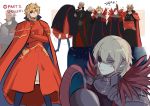  2boys absurdres armor blonde_hair blue_eyes cape closed_mouth cosplay crossed_arms dark_skin dark_skinned_male dedue_molinaro dimitri_alexandre_blaiddyd edelgard_von_hresvelg edelgard_von_hresvelg_(cosplay) eyepatch fire_emblem fire_emblem:_three_houses funyanrinpa grey_hair halloween_costume headpiece helmet highres horns multiple_boys parted_lips short_hair spoilers 