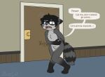2022 5_fingers ambiguous_gender anthro begging clothed clothing crossed_legs door door_handle english_text fingers hi_res humanoid implied_scat inside mammal no_genitals no_underwear nude onomatopoeia pantsless procyonid raccoon ritzcat rumbling_stomach shirtless solo sound_effects speech_bubble text