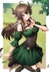  1girl absurdres ahoge animal_on_shoulder bare_shoulders bird_tail blurry blurry_background blush boots border breasts brown_background brown_boots brown_corset brown_eyes brown_hair cleavage commentary corset dress english_commentary eyelashes feathers fingernails grass green_dress grey_eyes heterochromia highres indie_virtual_youtuber jewelry kumi_(vtuber) leaf long_hair looking_at_viewer nail_polish necklace outdoors pocket_watch pome0826 scar scar_across_eye scar_on_face second-party_source smile solo squirrel standing standing_on_one_leg tail teeth tree v virtual_youtuber watch white_border 