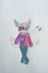 antennae_(anatomy) anthro bandage biped canid clothing colored_pencil covered_mouth cross_eye demon eeveelution face_wrap female fera_maxwell generation_6_pokemon graph_paper half-demon hi_res hoodie hybrid madeline_gold_(fera_maxwell) mammal missing_eye multicolored_body nintendo no_eye pokemon pokemon_(species) ribbons solo sylveon topwear traditional_media_(artwork) trailing_ribbons