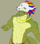 abs anthro bone bone_mask feathers foxtailsgua gold_(metal) gold_jewelry green_body hi_res jewelry lihzahrd lizardman male mask muscular muscular_anthro muscular_male pecs scales scalie skull skull_accessory skull_mask solo terraria witch_doctor_(terraria) yellow_eyes