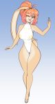 2026 absurd_res accessory anthro big_breasts blue_eyes breasts butt butt_from_the_front clothing collarbone eyebrows eyelashes female hair hair_accessory hairband hi_res kyna_(scorpdk) lagomorph leotard leporid mammal orange_hair ponytail rabbit scorpdk solo tan_body wide_hips