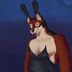 2026 anthro belly black_clothing black_nose canid canine canis clothed clothed_anthro clothed_male clothing echo_(game) echo_(series) echo_project elchar_art fake_ears fake_rabbit_ears fur hi_res inner_ear_fluff leo_alvarez looking_at_viewer male mammal multicolored_body muscular muscular_male one_eye_closed red_body red_fur signature simple_background solo standing tongue tongue_out tuft white_inner_ear_fluff wink winking_at_viewer wolf