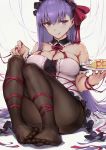  1girl bare_shoulders bb_(fate)_(all) black_legwear bra_through_clothes breasts cleavage detached_collar dress fate/extra fate/extra_ccc fate_(series) feet food food_art hair_ribbon haoni highres large_breasts licking_lips long_hair maid_headdress nail_polish no_shoes omelet omurice pantyhose purple_eyes purple_hair red_ribbon ribbon see-through sitting solo thighs toes tongue tongue_out v-shaped_eyebrows very_long_hair 