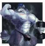 anthro biceps big_bulge big_muscles big_pecs biped blue_hair bodily_fluids bulge canid canine canis clothed clothing drakei dripping dumbbell facial_scar fur genital_fluids grey_body grey_fur hair hi_res holding_object huge_muscles huge_pecs male male_anthro mammal muscular muscular_male nipples pecs precum precum_drip scar solo speedo speedo_only standing steam sweat swimwear tokitechie topless weights wolf