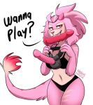 4_fingers anthro bite bra breasts canid canine canis clothing dildo domestic_dog dragon eyelashes felid female fingers hair hi_res horn hybrid lion long_ears long_hair mammal mythological_creature mythological_scalie mythology naughty_face noka_(nokasdungeon) nokasdungeon pantherine ponytail poodle scalie sex_toy simple_background solo strapon tail underwear