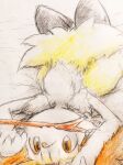2018 3_fingers :3 ambiguous_anthro ambiguous_gender anthro arm_tuft biped black_body braixen canid cheek_tuft chest_tuft colored colored_pencil_(artwork) colored_sketch eiroru facial_tuft fingers front_view fur generation_6_pokemon graphite_(artwork) hi_res high-angle_view hip_tuft inner_ear_fluff japanese_description lying mammal mouth_hold multicolored_body multicolored_fur nintendo nude_ambiguous nude_anthro on_back orange_body orange_eyes orange_fur orange_inner_ear_fluff paw_pose pokemon pokemon_(species) portrait pose shoulder_tuft simple_background sketch solo stick stick_in_mouth tail three-quarter_portrait traditional_media_(artwork) translated_description tuft white_background white_body white_fur yellow_body yellow_fur yellow_tail