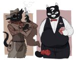 2026 anthro black_body black_fur bow_tie card chaps claws cloak clothing cowboy_hat cowboy_outfit dice digital_media_(artwork) domestic_cat duo felid feline felis fur fuzzy_dice gambit_(mewgenics) gun handgun hat headgear headwear hi_res holding_object holding_weapon lasso male mammal mewgenics missing_tooth monarchaip multicolored_body multicolored_fur obese overweight playing_card poker_chip question_mark ranged_weapon red_eyes revolver scarf shaded simple_background simple_shading smoke smoking_gun stubble suit tail weapon zodiac_(mewgenics)