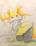 2018 3_fingers :3 ambiguous_anthro ambiguous_gender anthro arm_tuft bent_over big_tail biped black_body black_fur blush blush_lines braixen canid cheek_tuft colored colored_pencil_(artwork) dipstick_tail eiroru facial_tuft fingers fur generation_6_pokemon graphite_(artwork) hi_res hip_tuft inner_ear_fluff japanese_description kneeling mammal markings mouth_hold multicolored_body multicolored_fur nintendo nude_ambiguous nude_anthro orange_body orange_eyes orange_fur orange_inner_ear_fluff orange_tail_tip pointy_ears pokemon pokemon_(species) portrait prick_ears quadruped question_mark shoulder_tuft side_view simple_background solo stick stick_in_mouth tail tail_markings tapering_snout three-quarter_portrait traditional_media_(artwork) translated_description tuft white_body white_fur yellow_body yellow_fur yellow_tail