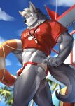 2024 5_fingers abs anthro arm_tuft belly biceps big_muscles big_pecs big_tail biped black_nose black_pawpads blue_sky bodily_fluids body_hair bulge butt canid canine canis cheek_tuft chin_tuft closed_smile clothed clothing clothing_pull cloud countershade_arms countershade_butt countershade_face countershade_fur countershade_legs countershade_tail countershade_torso countershading crop_top curved_tail detailed_background digital_media_(artwork) elbow_tuft english_text eyebrows facial_tuft fingers flag flag_(object) fluffy fluffy_tail forearm_muscles fully_clothed fur grey_body grey_fur grey_tail hair happy_trail hi_res holding_object humanoid_hands life_ring lifeguard lifeguard_tower looking_at_viewer low-angle_view male mammal mouth_closed multicolored_body multicolored_clothing multicolored_fur multicolored_shirt multicolored_topwear muscular muscular_anthro muscular_arms muscular_legs muscular_male navel neck_tuft orange_eyes outside palm_tree pantsless pawpads pecs plant pointy_ears portrait prick_ears purtropos quads red_clothing red_shirt red_swimming_trunks red_swimwear red_topwear shirt side_view signature sky smile solo standing surfboard sweat sweatdrop sweaty_belly sweaty_butt sweaty_face sweaty_legs swim_ring swimming_trunks swimwear swimwear_pull tail text text_on_clothing text_on_shirt text_on_topwear thick_thighs three-quarter_portrait topwear tree triceps tuft two_tone_body two_tone_clothing two_tone_fur two_tone_shirt two_tone_swimming_trunks two_tone_topwear whistle_(object) whistle_around_neck white_body white_clothing white_eyebrows white_fur white_hair white_shirt white_swimming_trunks white_swimwear white_tail white_topwear wolf
