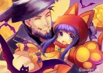  1boy 1girl ane-suisei animal_hood bat beard blue_eyes blue_hair bow cat_hood cat_paws closed_eyes facial_hair father_and_daughter fire_emblem fire_emblem:_the_binding_blade fire_emblem:_the_blazing_blade fire_emblem_heroes grin halloween_costume hat hector_(fire_emblem) highres hood lilina_(fire_emblem) long_hair open_mouth paws smile twitter_username witch_hat 