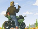  2019 african_wild_dog anthro armor bottomwear brown_eyes butt canid canine clothed clothing darius_davis detailed_background digital_media_(artwork) footwear frohawk fur hair headgear helmet hi_res honda honda_cbr1000rr jacket jeans leather looking_at_viewer male mammal motorcycle mountain outside pants sammfeatblueheart sky smile solo standing topwear vehicle 