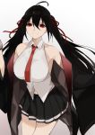  1girl ahoge animal_ears azur_lane bangs bare_shoulders black_hair black_skirt breasts closed_mouth coat collarbone commentary_request cosplay enterprise_(azur_lane) enterprise_(azur_lane)_(cosplay) floating_hair gloves gradient gradient_background hair_between_eyes hair_ribbon highres large_breasts long_hair looking_at_viewer navel necktie pleated_skirt red_eyes red_neckwear red_ribbon ribbon rrr_ato shirt skirt sleeveless sleeveless_shirt smile solo taihou_(azur_lane) tied_hair twintails very_long_hair white_shirt 