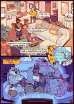 4_toes abs absurd_res anthro areola barefoot beverage bird_dog blue_bottomwear blue_clothing blue_shorts bottomwear boxer_briefs boxers_(clothing) brown_body brown_fur buford_(wretchedwrench) canid canine canis chip_(wretchedwrench) claws clothed clothing coffee coffee_mug coffee_table comic dialogue dobermann dobie_(wretchedwrench) domestic_dog electronics english_text erection erection_under_clothing feet flat_screen flat_screen_television food fur furniture furniture_lamp golden_retriever grey_body grey_fur group hi_res hunting_dog kaiju kitchen living_room male mammal movie_night muscular muscular_anthro muscular_male nipples orange_clothing orange_shirt orange_t-shirt orange_topwear palprime1 paws pink_areola pink_nipples pinscher plant popcorn retriever shirt shorts sleeping sleeping_on_another sleeping_together socket_(wretchedwrench) sofa speech_bubble stool t-shirt table tall_male tank_top television text text_box toe_claws toes topless topless_anthro topless_male topwear underwear wolf wretchedwrench