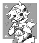 andromorph anthro belly_tattoo big_clitoris bodily_fluids canid canine canis clitoris clothing fur genital_fluids genitals hair heart_symbol hood intersex kneeling line_art looking_at_viewer mammal mini_world misra misra_(mini_world) onesie solo tail taking_off_shirt tattoo tongue tongue_out unknown_artist uterus vaginal_fluids vulva white_hair wolf