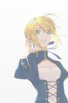  1girl absurdres ahoge artoria_pendragon_(all) blonde_hair blue_ribbon breasts cleavage fate/stay_night fate_(series) floating_hair green_eyes hair_between_eyes hair_ribbon highres karakuri2357 long_sleeves open_mouth ribbon saber short_hair simple_background small_breasts solo upper_body white_background 