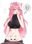  1girl animal_ears animal_print bare_shoulders black_pants black_shirt blush bodypaint breasts cat_print clitoris commentary covered_collarbone fang fingernails hair_intakes hand_on_own_cheek hand_on_own_face heart highres hololive hololive_english irad_art large_breasts long_hair looking_at_viewer multicolored_hair nail_polish navel open_mouth panther_ears panther_girl pants pink_hair pink_nails raora_panthera shirt signature simple_background skin_fang sleeveless sleeveless_shirt solo speech_bubble stomach streaked_hair teeth tongue twitter_username two-tone_hair virtual_youtuber white_background 