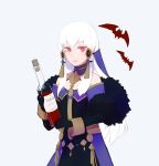  1girl black_gloves bottle closed_mouth fire_emblem fire_emblem:_three_houses gloves hair_ornament highres holding long_hair lysithea_von_ordelia mamegohan pink_eyes simple_background solo upper_body white_hair wine_bottle 