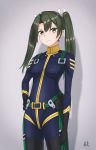  1girl a_rokhman black_gloves blue_bodysuit bodysuit breasts breasts_apart closed_mouth cosplay cowboy_shot gloves green_hair grey_background hair_between_eyes hair_ribbon hand_on_hip highres kantai_collection long_hair looking_at_viewer pilot_suit ribbon shiny shiny_clothes shiny_hair skin_tight small_breasts smile solo standing twintails uchuu_senkan_yamato uchuu_senkan_yamato_2199 white_ribbon yamamoto_akira yamamoto_akira_(cosplay) yellow_eyes zuikaku_(kantai_collection) 