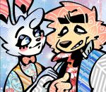 aloha_shirt anthro bingus_(rawdawgcomics) bird_dog bow_tie canid canine canis cheek_spots cigarette cigarette_in_mouth clothing domestic_dog duo floppy_ears fur golden_retriever half-closed_eyes hunting_dog jacket lagomorph leporid letterman_jacket male mammal narrowed_eyes object_in_mouth pattern_clothing pattern_shirt pattern_topwear rabbit rawdawgcomics retriever shirt smile smoking_tobacco stahli_(rawdawgcomics) topwear vest white_body white_fur yellow_body yellow_fur