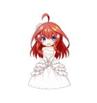  1girl ahoge bangs bare_shoulders blush breasts collarbone dress eyebrows_behind_hair full_body go-toubun_no_hanayome hair_between_eyes hair_ornament hands_together highres kuena long_hair looking_at_viewer medium_breasts nakano_itsuki open_mouth own_hands_together red_hair simple_background solo standing star star_hair_ornament strapless strapless_dress v_arms veil very_long_hair wedding_dress white_background white_dress wrist_cuffs 