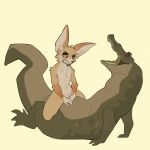 absurd_res anal anal_penetration anthro belly big_ears big_tail big_top_small_bottom canid canine crocodile crocodilian duo fennec_fox fox green_body hi_res ikaro lying male male/male mammal on_back penetration reptile requeson_(ikaro) ruborised scalie short_arms size_difference smile tail true_fox wallace yellow_sclera