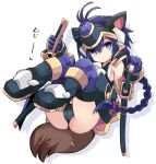  1girl animal_ears bangs black_footwear black_leotard blue_eyes boots bow braid drop_shadow eyebrows_visible_through_hair fake_animal_ears full_body gloves hair_between_eyes hair_bow headpiece highres holding holding_sword holding_weapon karukan_(monjya) katana knees_up leotard long_hair looking_at_viewer matsuhime_mujina parted_lips purple_bow purple_gloves purple_hair purple_legwear sheath sheathed shinrabanshou single_braid solo sword thighhighs thighhighs_under_boots very_long_hair weapon white_background 