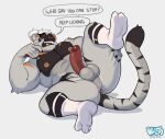  absurd_res anthro balls barazoku biceps big_balls big_penis bluesh butt clothing command dialogue erection fangs felid footwear footwear_only genitals hair hi_res huge_balls huge_penis huge_thighs male mammal markings mostly_nude multicolored_body muscular muscular_anthro muscular_male nude open_mouth penis sharp_teeth socks socks_only solo speech_bubble spread_butt spread_legs spreading striped_markings striped_tail stripes tail tail_markings teeth text thick_penis thick_thighs tongue white_hair 