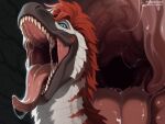 anthro avian bird blue_eyes bodily_fluids dinosaur dromaeosaurid drooling fangs feathers female feral fur gaping_mouth hi_res hoffersanchez male mouth_shot open_mouth pink_mouth prehistoric_species red_body red_fur reptile saliva saurischian scales scalie scar snout solo spikes teeth theropod throat tongue tongue_out utahraptor vore white_body white_fur
