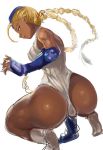  alternate_color ass ass_focus blonde_hair braid breasts cammy_white curvy dark_skin gauntlets leotard looking_at_viewer muscle muscular_female ponytail sketch solo street_fighter thick_thighs thighs toned twisted_torso whistlerx white_footwear white_leotard 