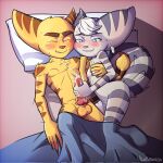 1:1 2025 animal_genitalia animal_penis anthro balls bangs bed bedding bite_mark blanket blue_eyes blush bodily_fluids breast_grab breasts canine_genitalia canine_penis cum duo ear_piercing ejaculation erect_nipples erection eyebrows female fluffy fluffy_chest fluffy_tail fur furniture genital_fluids genitals hand_on_breast handjob hi_res humanoid knot knotted_penis lombax looking_pleasured male male/female mammal nipples nude penile penis piercing pillow ratchet_(ratchet_and_clank) ratchet_and_clank rivet_(ratchet_and_clank) robotic_arm romantic romantic_couple scratches sex small_breasts smile sony_corporation sony_interactive_entertainment striped_body stripes tail thick_eyebrows viwhi_art white_body white_fur yellow_body yellow_fur