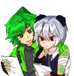 animal_ears animal_humanoid bandage black_clothing black_gloves black_handwear brown_eyes claws clothing duo eyebrows fangs gloves green_clothing green_eyebrows green_eyes green_hair green_jacket green_topwear hair hand_on_shoulder handwear head_spike holding_object holding_paper humanoid jacket looking_down male mammal mini_world misra_(mini_world) panda_ears pandaa_(mini_world) paper reptile scales scalie simple_background teeth thinking topwear unknown_artist white_background white_claws white_eyebrows white_hair