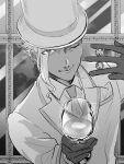  1boy alcohol asymmetrical_bangs business_suit commentary_request cup formal_clothes gloves hat holding holding_cup indoors leaning_forward long_bangs male_focus metarogu necktie one_eye_closed poker_chip short_hair smirk suit top_hat tsukihime tsukihime_(remake) upper_body van-fem wine 