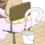 2026 anthro anus bottomless brown_clothing bucket butt censor_bar censored censored_genitalia censored_vulva chair clothed clothing computer_keyboard computer_monitor container desk digital_media_(artwork) felid feline female fur furniture genitals implied_scat mammal on_chair partially_clothed pink_body pink_fur pink_tail raised_tail rear_view simple_background sitting sitting_on_chair solo table tail toilet_paper_(pixiv) vulva yellow_clothing