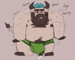 anthro aroused aroused_male balls_outline barazoku barefoot beard beer_belly belly belly_hair biceps big_belly big_bulge big_muscles big_pecs blue_hair blush blush_lines bodily_fluids body_hair bovid bovine briefs briefs_only brown_beard brown_body brown_chest_hair brown_eyebrows brown_facial_hair brown_fur brown_mustache brown_pubes brown_sideburns bulge cattle chest_hair chest_tuft clothed clothing cum cum_drip cum_in_clothing cum_in_underwear cum_on_ground cum_pool cum_through_clothing cum_through_underwear detailed_bulge dripping ejaculation english_text erection erection_under_clothing erection_under_underwear eyebrows facial_hair feet fur genital_fluids genital_outline green_briefs green_clothing green_underwear hair happy_trail hooves horn male mammal manly mostly_nude mostly_nude_anthro mostly_nude_male musclegut muscular muscular_anthro muscular_arms muscular_male muscular_thighs mustache nipples pecs penis_outline pubes shadowmatamori sideburns simple_background solo standing substance_intoxication sweat sweatdrop sweaty_arms sweaty_belly sweaty_chest sweaty_face sweaty_legs tail tail_tuft tan_background tenting text thick_arms thick_eyebrows thick_thighs topless topless_anthro topless_male tuft underwear underwear_only wet wet_clothing wet_underwear white_body white_skin