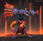 armor bodily_fluids flared_penis genital_fluids genitals glowing glowing_genitalia glowing_penis glowing_tail hi_res lava leaking_precum looking_at_viewer mace magma_mauler_(monster_train) male melee_weapon monster_train_2 penis precum presenting reptile scalie solo tail weapon zipper_7z