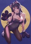  1girl :d animal_ears bangs bare_shoulders black_leotard blue_eyes cat_ears cat_paws collar detached_collar fake_animal_ears fang fifty1202 gloves hair_ornament hairclip highres kittysuit kneeling leotard looking_at_viewer open_mouth pantyhose paw_gloves paws sakurajima_mai seishun_buta_yarou smile solo strapless strapless_leotard white_collar 
