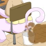 2026 anthro anus bottomless brown_clothing bucket butt censored chair clothed clothing computer_keyboard computer_monitor container desk digital_media_(artwork) fart fart_cloud feces felid feline female fur furniture implied_scat mammal mosaic_censorship on_chair partially_clothed pink_body pink_fur pink_tail raised_tail rear_view simple_background sitting sitting_on_chair solo table tail toilet_paper_(pixiv) yellow_clothing