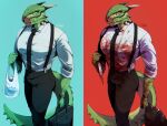 2022 anthro argonian bag bethesda_game_studios blood bodily_fluids bodypaint bottomwear briefcase clothed clothing evil_grin face_paint facial_scar gore green_body green_scales grocery_bag gunka hi_res holding_knife holding_object horn knife looking_at_viewer male microsoft muscular muscular_male necktie pants scales scalie scar shirt simple_background skyrim smile solo suspenders tail the_elder_scrolls thick_tail topwear trash_bag veezara yellow_eyes