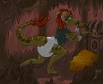 absurd_res anthro argonian claws clothed clothing detailed_background diaper digital_drawing_(artwork) digital_media_(artwork) female gem gold_(metal) gold_jewelry hair hi_res horn inside jewelry keerha lockpick lockpicking microsoft object_in_mouth pacifier pacifier_in_mouth red_eyes red_hair ruby_(gem) scales scalie solo splatinkle the_elder_scrolls toe_claws treasure treasure_chest wearing_diaper