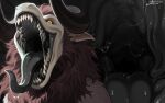 anthro black_mouth bodily_fluids brown_body brown_fur drooling fangs felid feral fur hi_res hoffersanchez horn lion male mammal mane mouth_shot open_mouth pantherine saliva sight snout solo spikes teeth throat tongue tongue_out vore white_body yellow_eyes