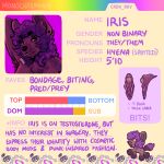 anthro armpit_tuft big_clitoris brown_body clitoris ear_piercing english_text genitals hair handwritten_text hi_res hyena information inner_labia iris_the_hyena lgbt_pride looking_at_viewer mammal model_sheet monochromanis nonbinary_(lore) nonbinary_pride_colors object_in_mouth piercing pride_colors purple_eyes purple_hair solo spotted_hyena teeth text vulva yellow_sclera yellow_teeth
