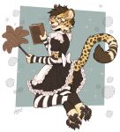 2026 anthro arm_warmers armwear biped black_body black_fur black_hair black_pawpads book cheetah claws cleaning_tool clothed clothing crossdressing crossdressing_male digital_media_(artwork) eyewear fangs feather_duster felid feline femboy fur glasses hair hi_res holding_book holding_object kneeling leg_warmers legwear looking_at_viewer maid_apron maid_uniform male mammal markings open_mouth open_smile panzica pattern_arm_warmers pattern_armwear pattern_clothing pattern_leg_warmers pattern_legwear pawpads rectangular_glasses smile solo spots spotted_body spotted_fur striped_arm_warmers striped_armwear striped_clothing striped_leg_warmers striped_legwear stripes tatujapa teeth toe_claws uniform whiskers white_body white_fur yellow_body yellow_fur