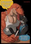 anthro biceps black_body black_fur cheepdeeper clothing dialogue dinosaur drugs duo english_text felid feline fur hi_res implied_sex long_tongue male male/male mammal markings multicolored_body multicolored_fur multicolored_scales muscular orange_body orange_scales pecs prehistoric_species red_body red_scales reptile requesting scale_markings scales scalie sex_request shirt size_difference speech_bubble tank_top text tongue topwear two_tone_body two_tone_fur two_tone_scales yellow_eyes