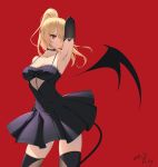  1girl arm_up armpits bangs bare_shoulders black_bow black_choker black_dress black_sleeves black_wings blonde_hair bow breasts choker cleavage collarbone commentary_request demon_girl demon_tail demon_wings detached_sleeves detached_wings dress eyebrows_visible_through_hair fishnet_legwear fishnets hair_over_one_eye high_ponytail highres long_hair medium_breasts original pleated_skirt ponytail red_background red_eyes roi_(liu_tian) signature simple_background skirt sleeveless sleeveless_dress solo tail thighhighs wings 