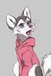 2020 azzai blue_eyes bottomless canid canine canis cel_shading cheek_tuft clothed clothing colored digital_drawing_(artwork) digital_media_(artwork) domestic_dog eyelashes facial_tuft female feral fur grey_background grey_body grey_fur hoodie hoodie_only husky looking_away mammal multicolored_body multicolored_fur nordic_sled_dog open_mouth pink_clothing pink_hoodie pink_tongue pink_topwear red_nose shaded simple_background simple_shading snout solo spitz tail tongue topwear topwear_only tuft two_tone_body two_tone_fur white_body white_fur