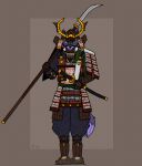 alexandrys anthro armor boss_monster_(undertale) canid canine chujin_ketsukane clothed clothing fox front_view fur green_eyes hi_res katana looking_at_viewer male mammal melee_weapon naginata polearm purple_body purple_fur samurai samurai_armor solo standing sword undertale_(series) undertale_yellow warrior weapon